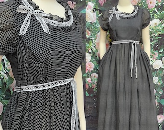 60s Black Dot Maxi Dress Ruffled Neckline  40s Style