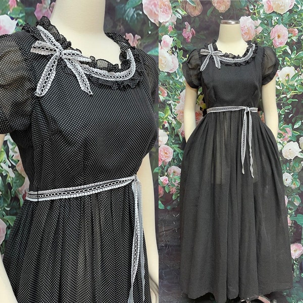 60s Black Dot Maxi Dress Ruffled Neckline  40s Style