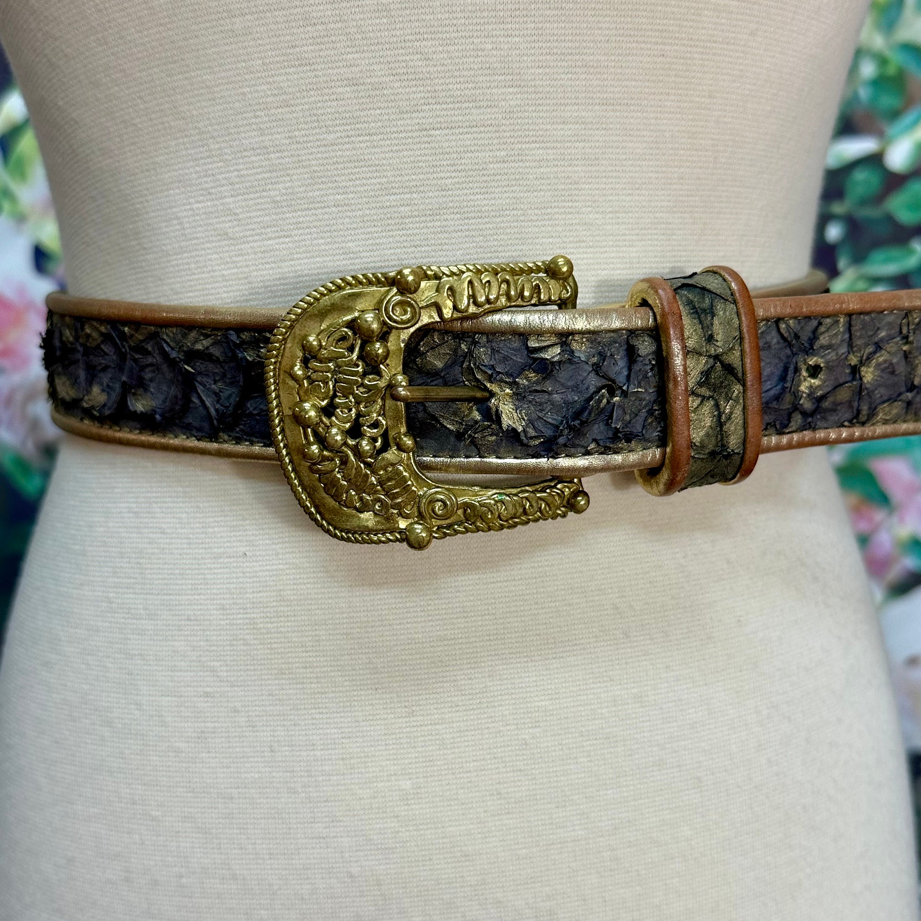 DUSTY BAKER BELT WIDE CREAM FABRIC SNAKESKIN METALLIC BRONZE GOLD SIZE M Dark, daring, and unapologetic... Serving black with a side  main image 2