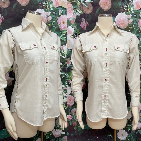 70s Levis for Gals White Western Shirt Floral Emb… - image 1