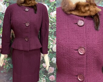 40s Plum Wool Boucle Suit Full Body Mink Collar