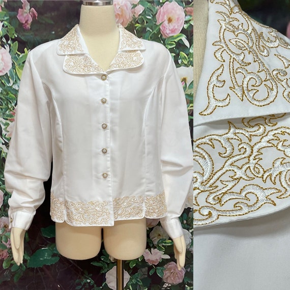 80s Perlita White Poly Shirt Gold Embroidery XL - image 1