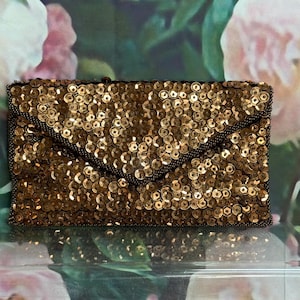 80s Walborg Brown Sequin Satin Clutch Purse