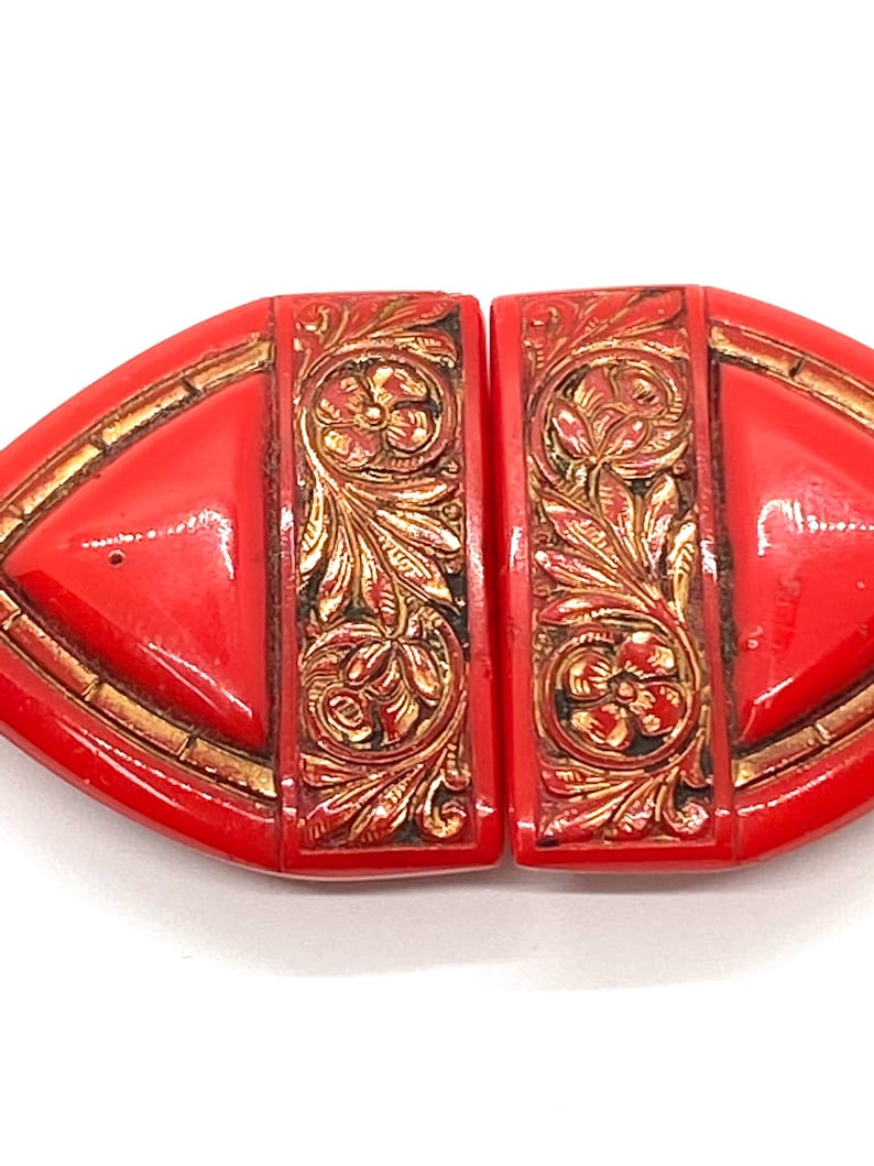 30s Art Deco Red Glass Buckle Czech