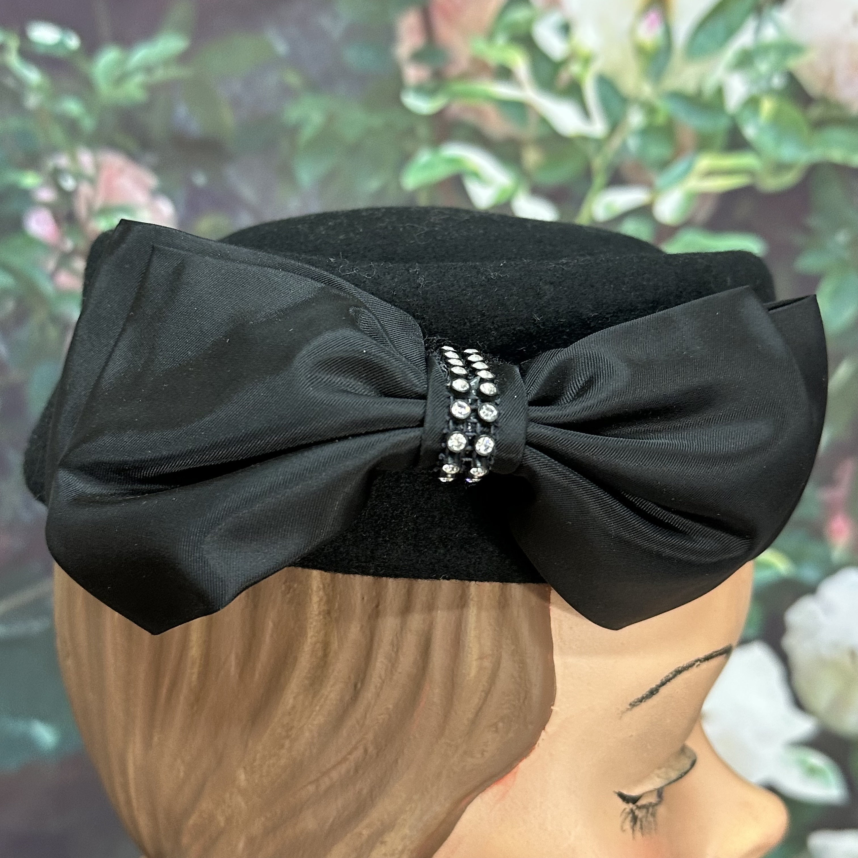80s Fedoria Black Wool Hat Rhinestone Bow - Etsy display picture 1