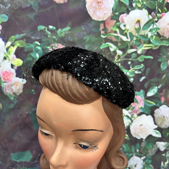 50s Ramleigh Black Sequin Shell Hat Netted - image 2