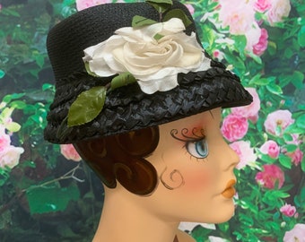 60s Dianne Black Straw Lampshade Hat Bucket Silk Flower