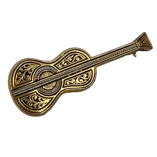 60s Damascene Guitar Pin Music Brooch Spain Enamel Black Gold