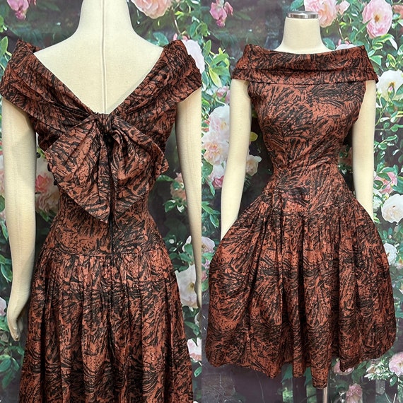 50’s Brown Patterned Taffeta Dress Cowl Neck Back… - image 1