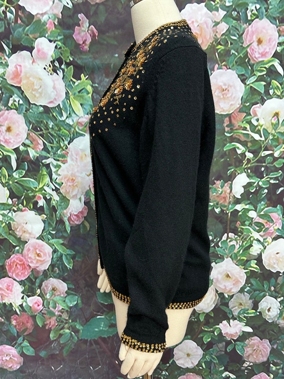 50s Black Wool Cardigan Gold Sequin Flowers Beads - image 7