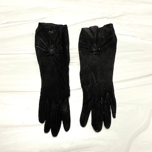 60s Black Suede Gloves Gathered Cuffs Size 6