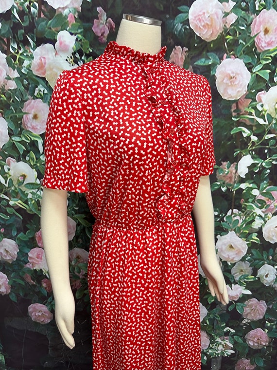 70s Sears Red Secretary Dress Ruffle Front XL - image 7