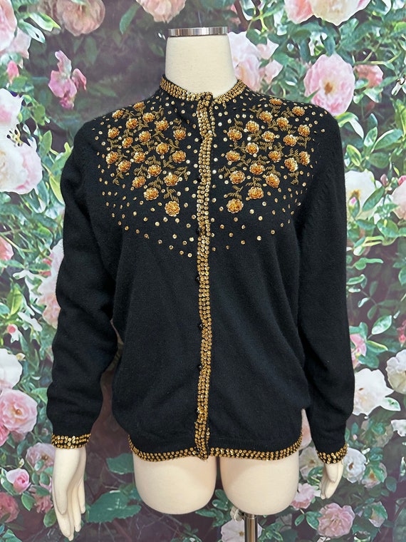 50s Black Wool Cardigan Gold Sequin Flowers Beads - image 2