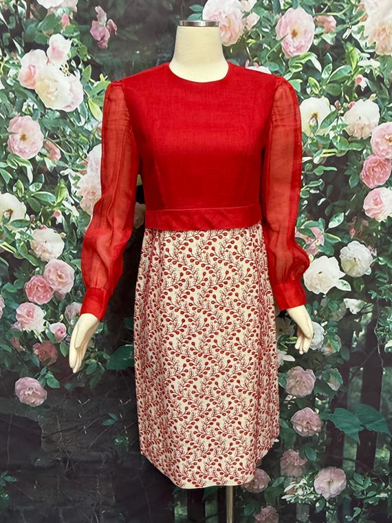 60s Adele Martin Red Embroidered Linen Midi Dress