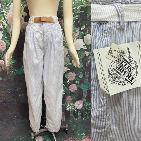 80s Trade Secret Pinstripe Paper Bag Pants Cotton… - image 1
