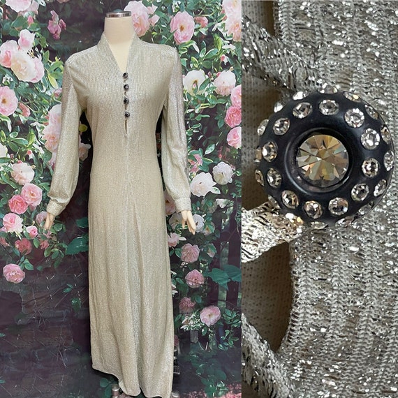 60s Silver Lurex Caftan Dress Rhinestone Buttons - image 1