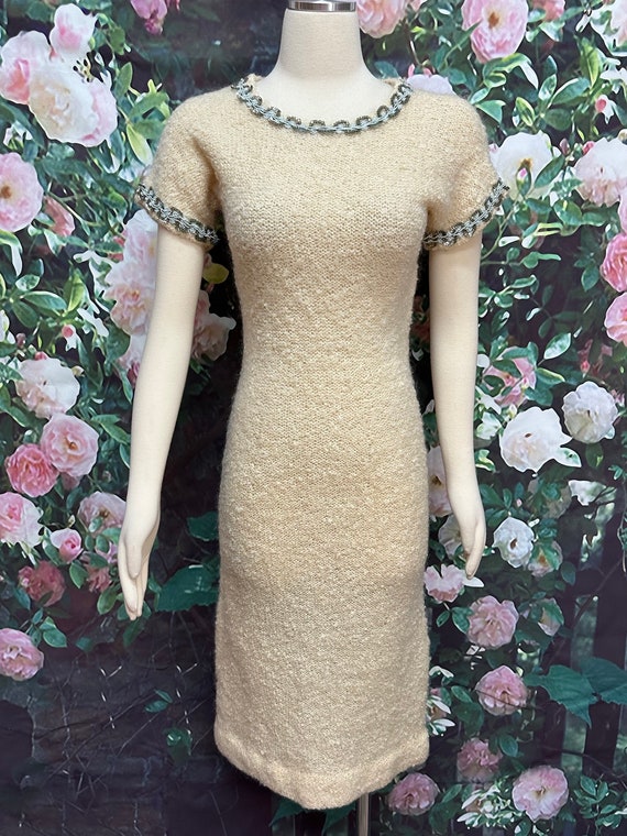 60s Cream Wool Knit Sweater Dress Sequin Trim - image 2