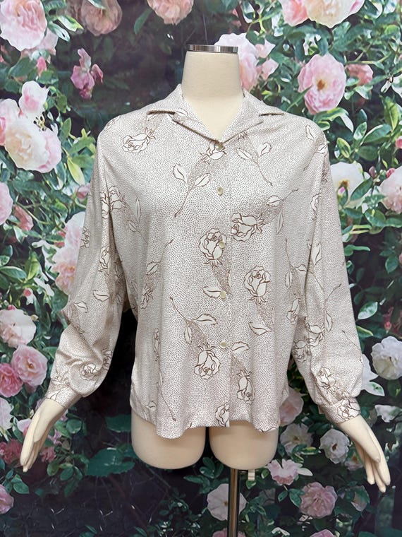 70s Graff Brown Floral Poly Blouse Button Down XL