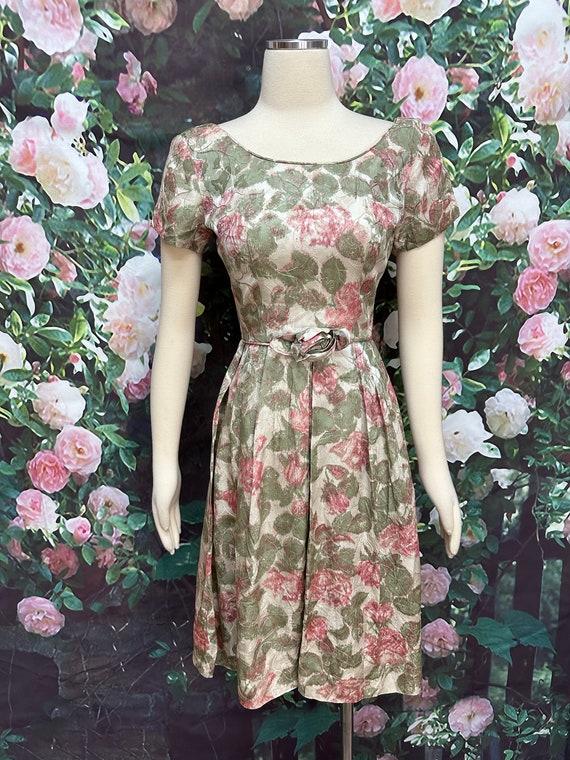 60s Pink Rose Brocade Dress Spring Floral XS - image 2