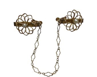 50s Gold Flower Sweater Clip Guard Faux Pearls