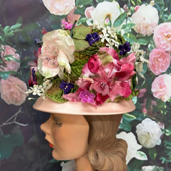 60s Marche Pink Satin Floral Hat Velvet Flowers Bucket Hat  display picture 2