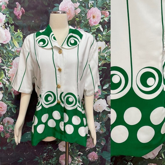 80s Green Swirl Blouse Polka Dot Homemade Shirt XL