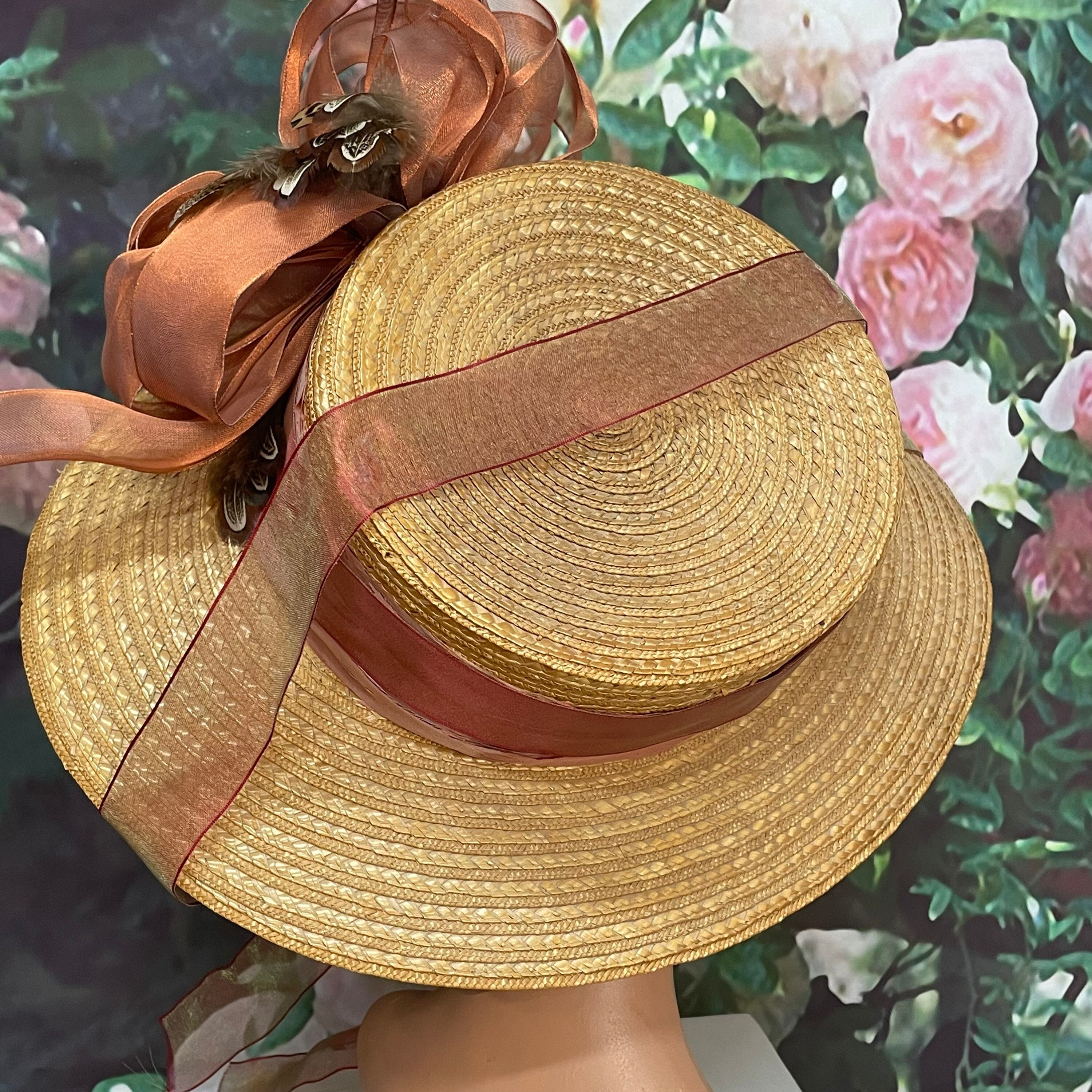 80s Straw Church Hat Orange Iridescent Organza Ribbon Derby 