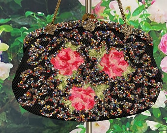 50s La France Large Black Purse Rainbow Beads Roses
