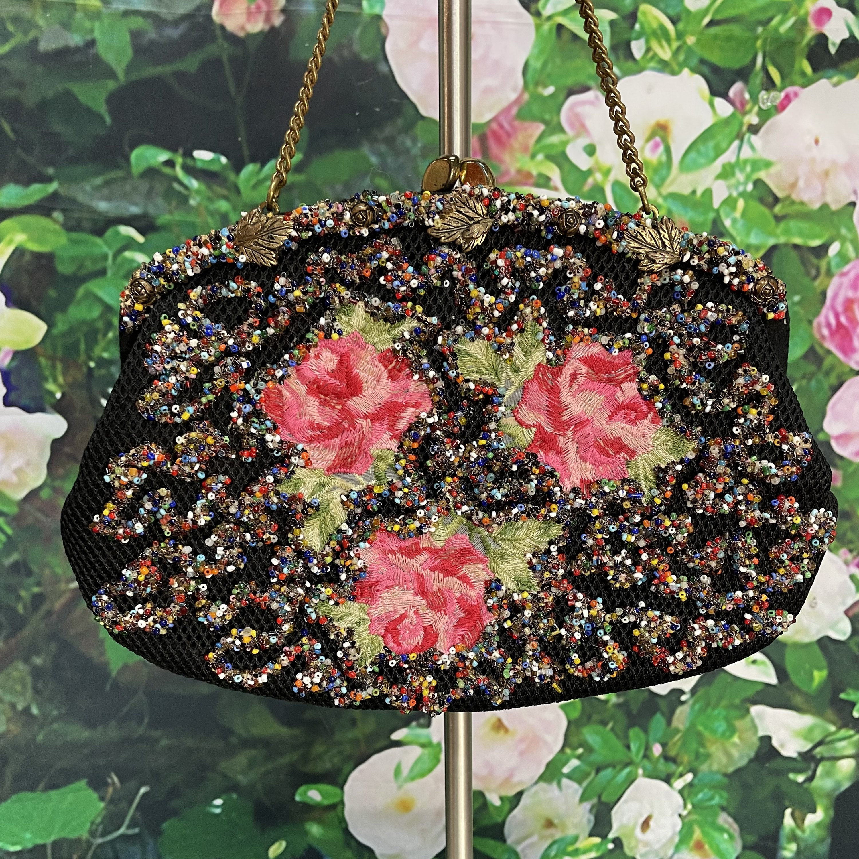 50s La France Large Black Purse Rainbow Beads Roses