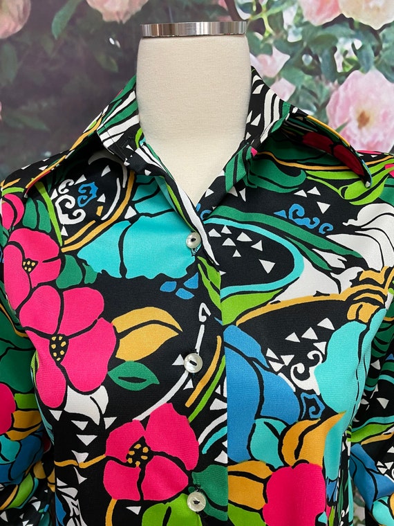 70s Bali Swim Groovy Black Floral Coverup Dagger … - image 3