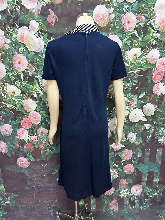 60s Navy Blue Shift Dress Striped Neck Scarf Polyester Knit - Etsy