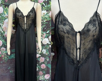 80s Black Sheer Lace Long Nightgown by Spotlight