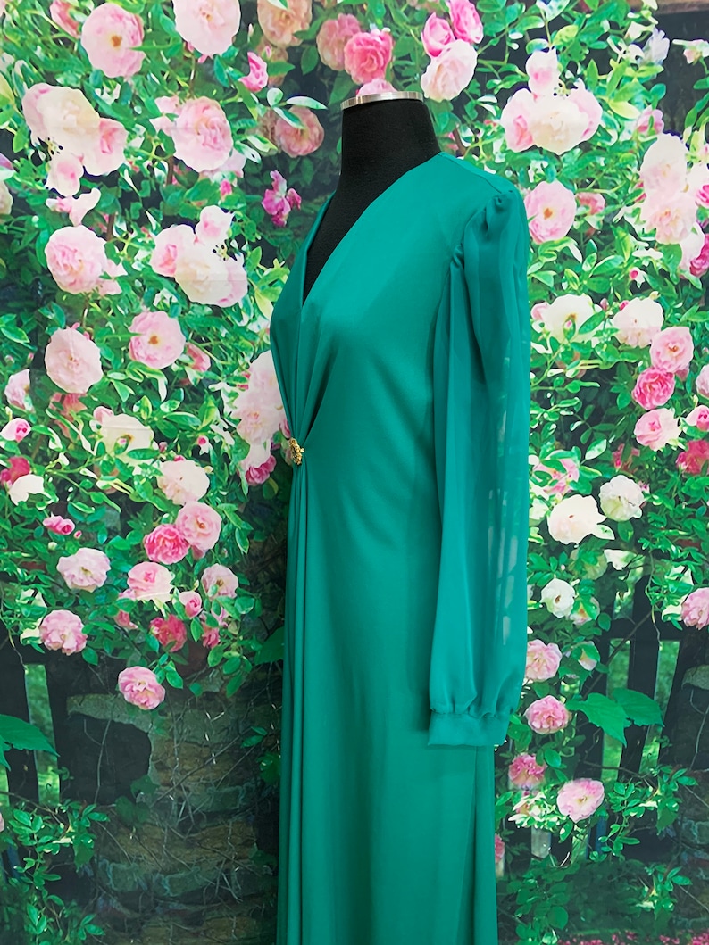 70s Jade Green Maxi Dress Sheer Chiffon Sleeves