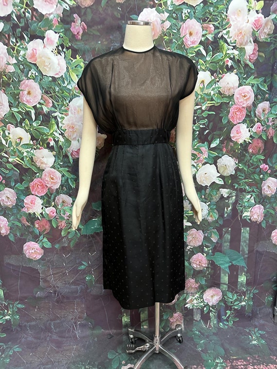 50s Black Satin Cocktail Dress Illusion Neckline