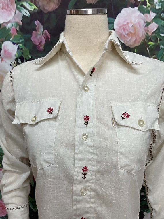 70s Levis for Gals White Western Shirt Floral Emb… - image 3