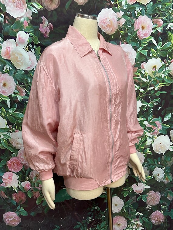 80s Pink Silk Bomber Jacket Zip Front Large - image 4
