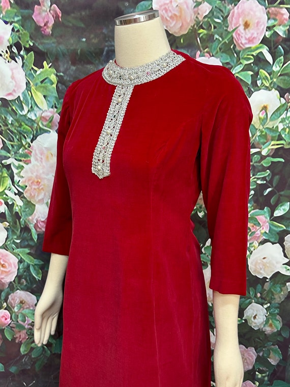 60s Red Velvet Dress Silver Lurex Trim Rhinestone… - image 5