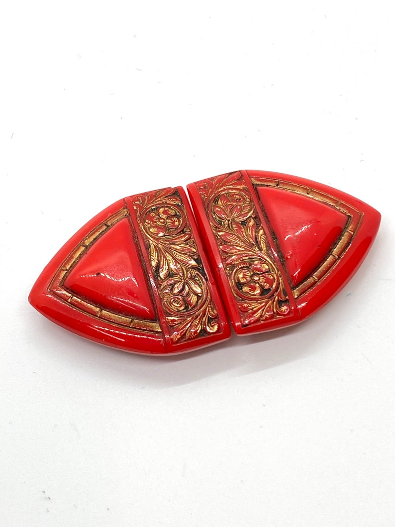 30s Art Deco Red Glass Buckle Czech