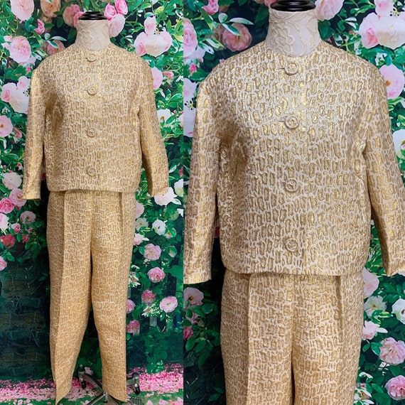 60s Giovelli Gold Lame Leopard Pant Suit Large Ani