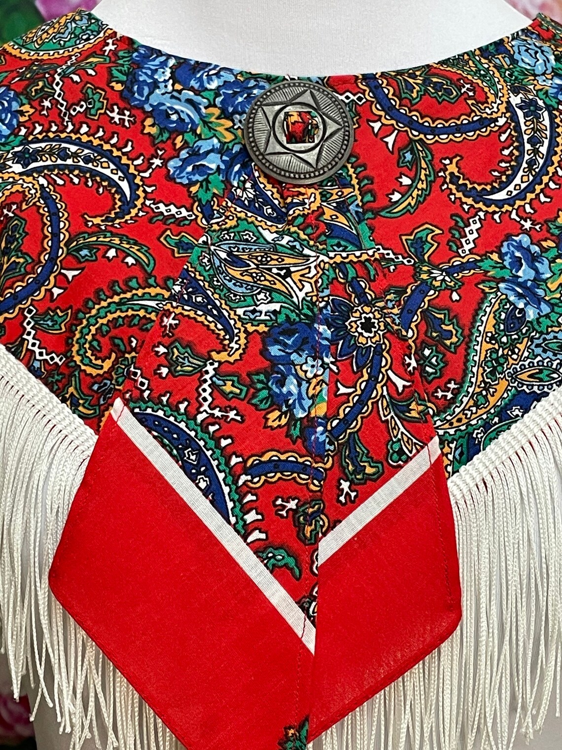 Bandana Roja de los años 80 Shawl White Fringe Concha Country Etsy