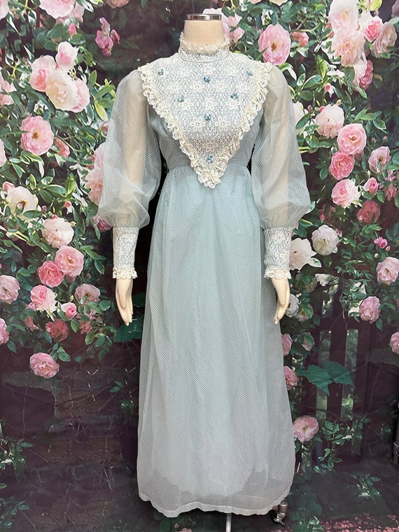 70s Blue Swiss Dot Maxi Dress White Lace Victoria… - image 2