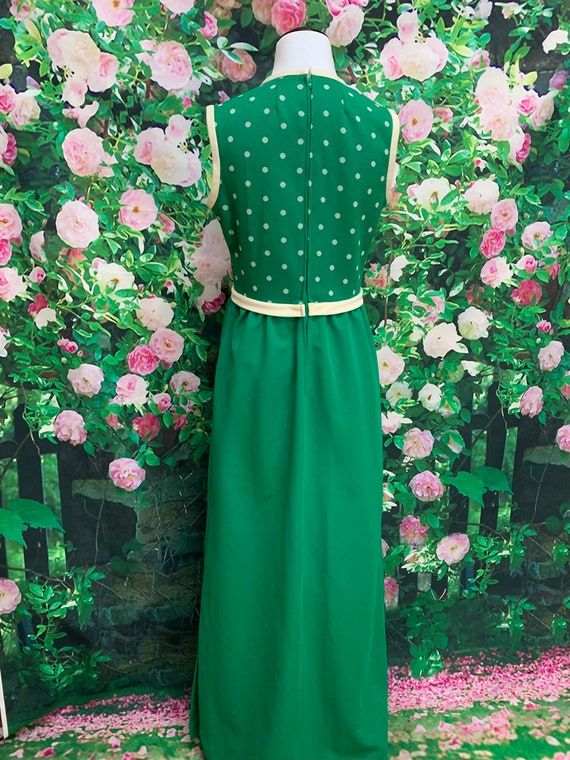 60s Kelly Green Polka Dot Maxi Dress Polyester Kn… - image 10