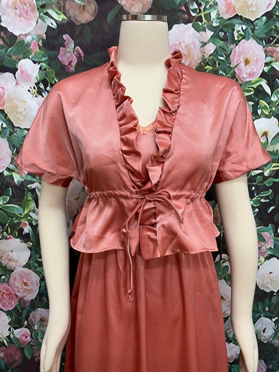 70s Rose Pink Satin Maxi Dress Ruffle Cropped Jac… - image 3