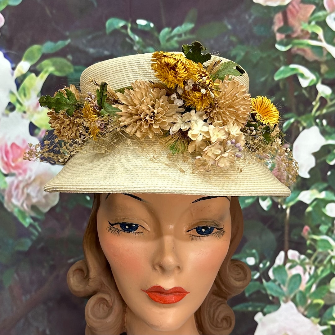 60s Gimbels Beige Straw Hat Dried Wildflower Band - Etsy