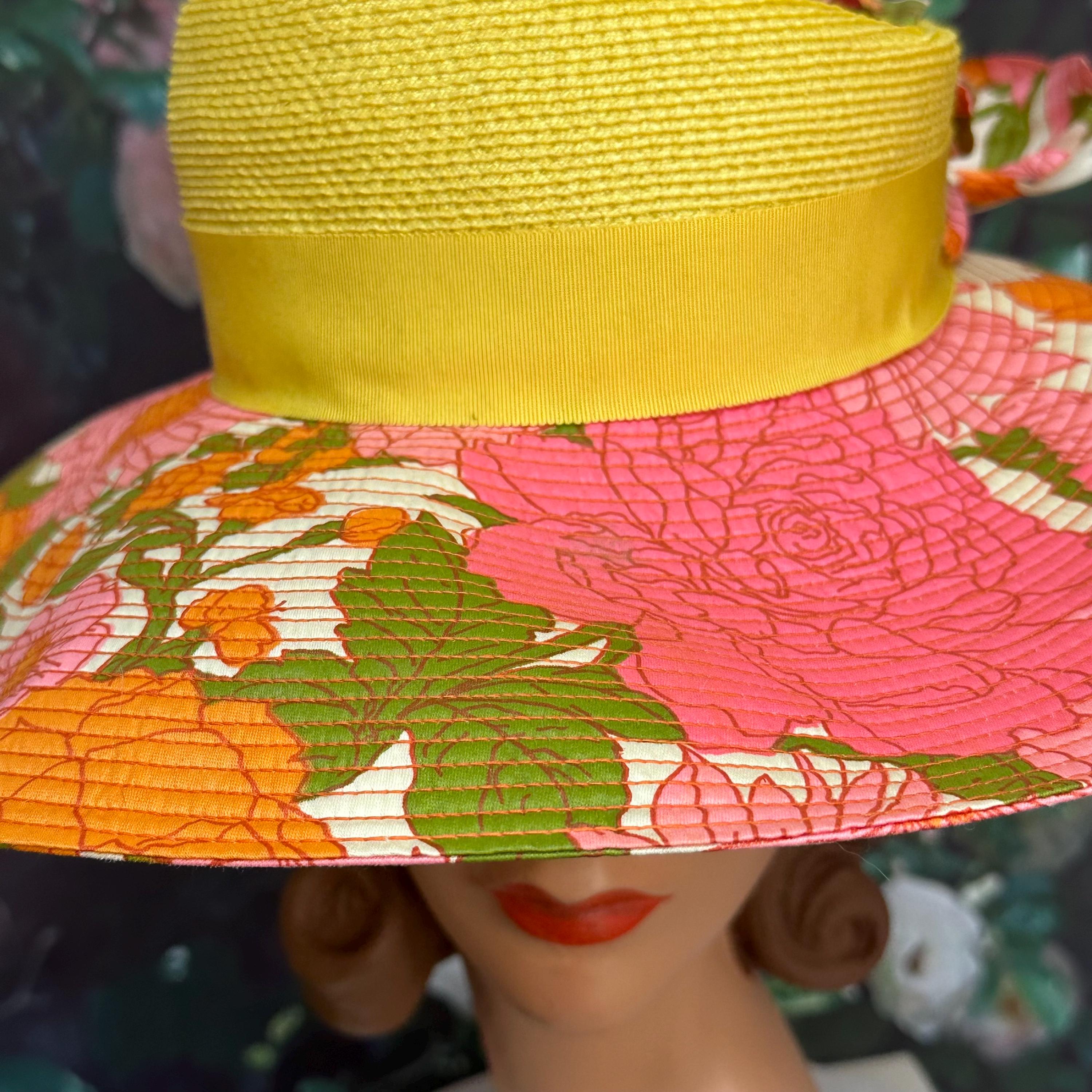 80s Pink Floral Sun Hat Yellow Straw by Bullocks NWT - Etsy display picture 2