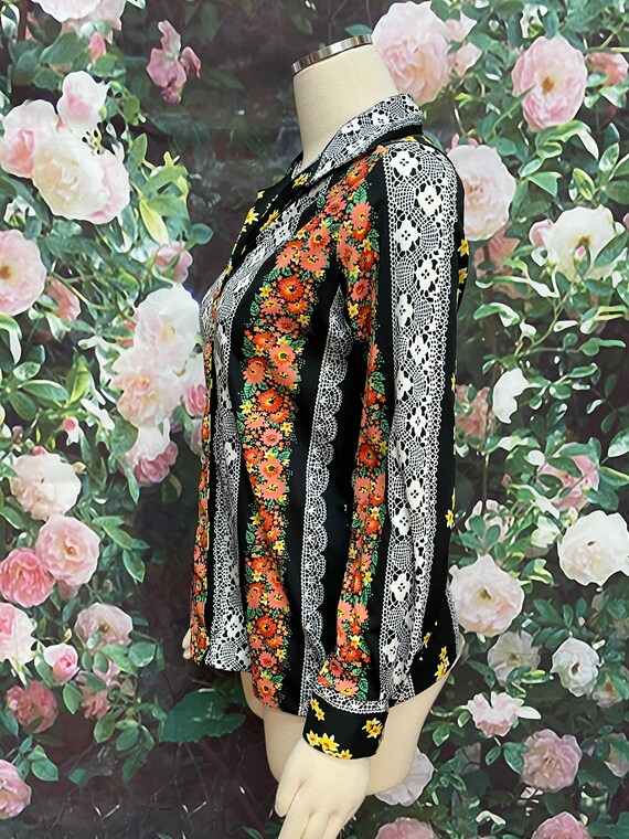 70s Lee Mar Black Floral Striped Blouse - image 6