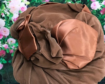 40s Brown Velvet Bucket Hat Copper Satin Bow Slouch - Etsy  display picture 3