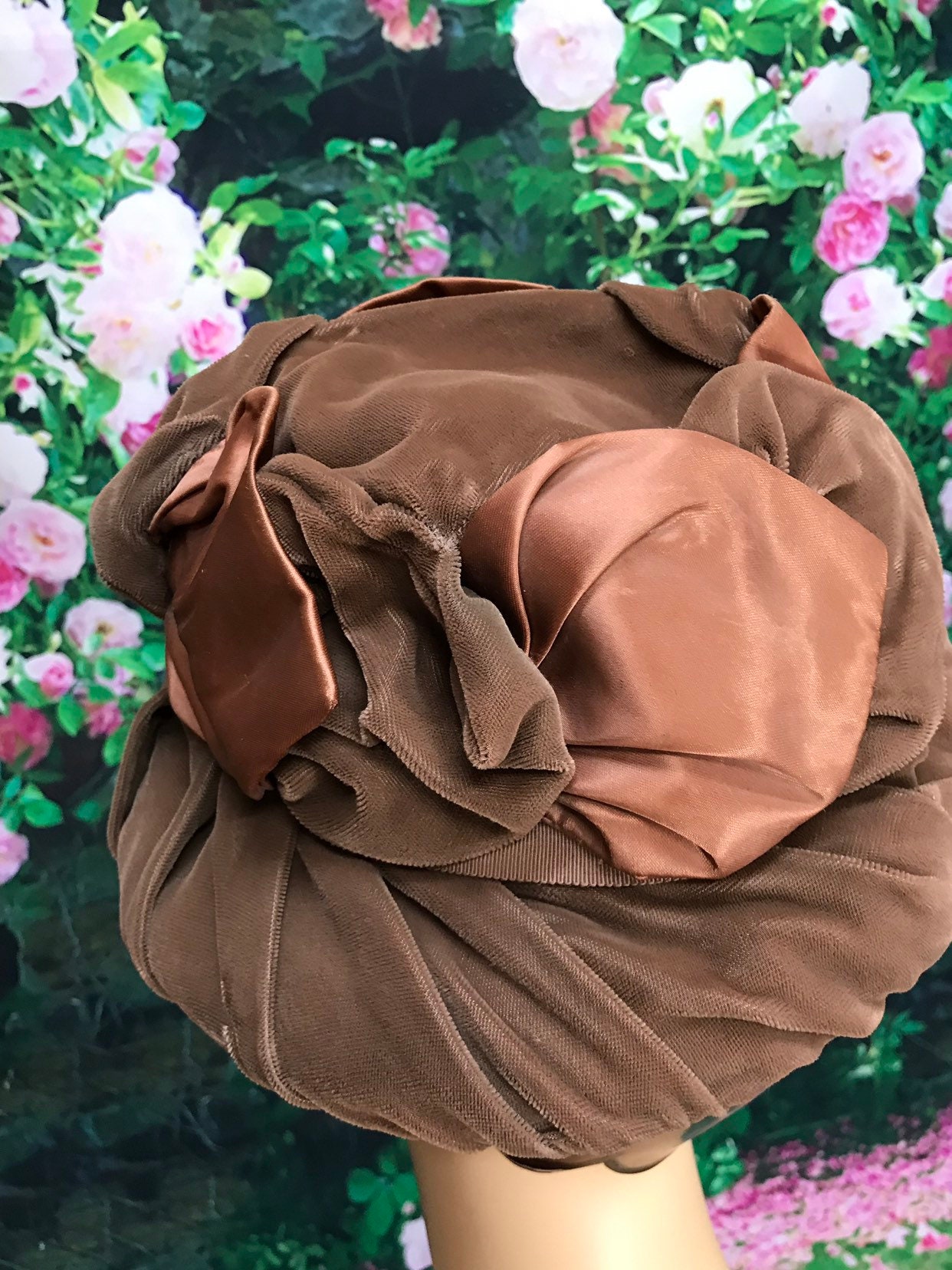 40s Brown Velvet Bucket Hat Copper Satin Bow Slouch - Etsy