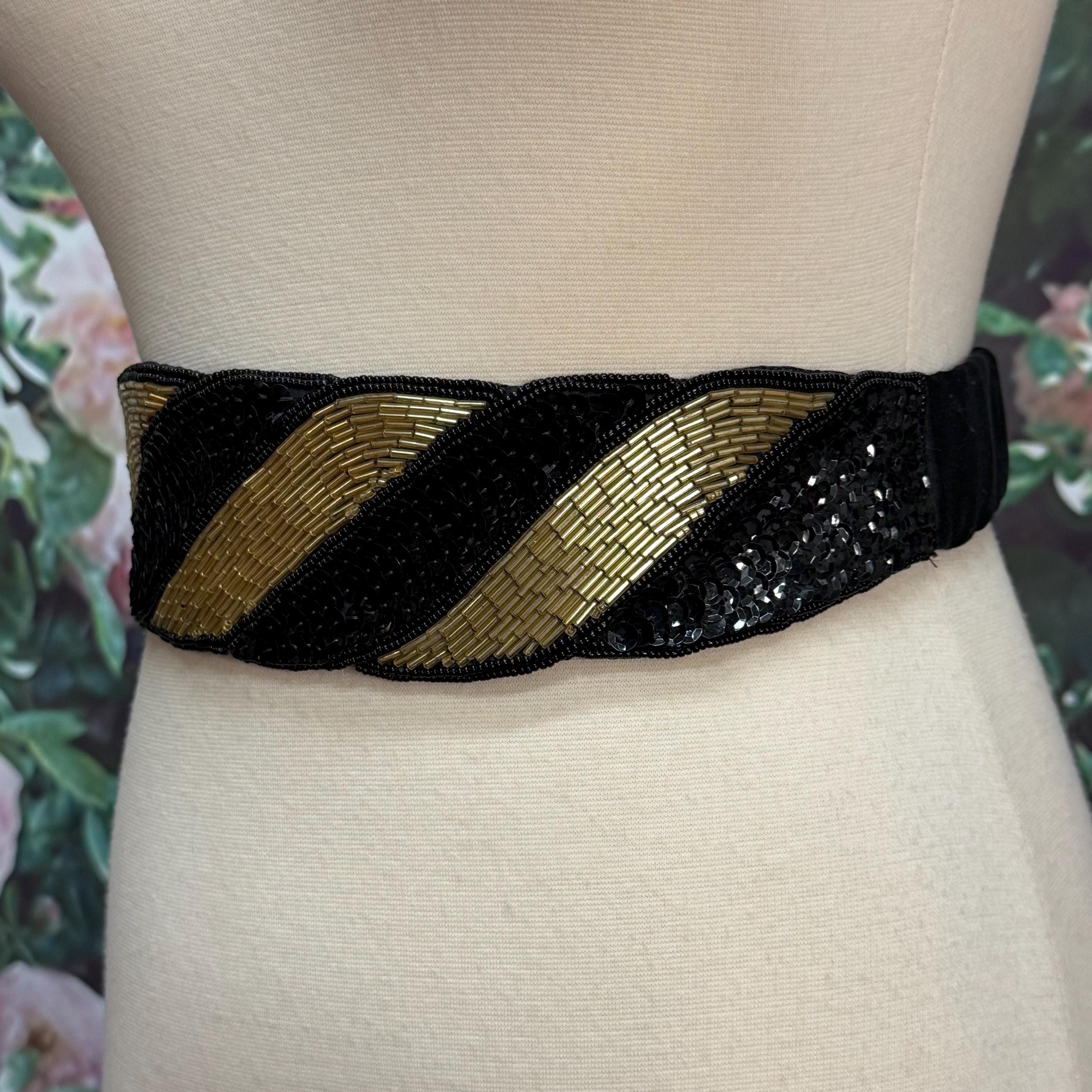 80s Black Beaded Belt Gold Beads Sequins by Concepts - Etsy display picture 2