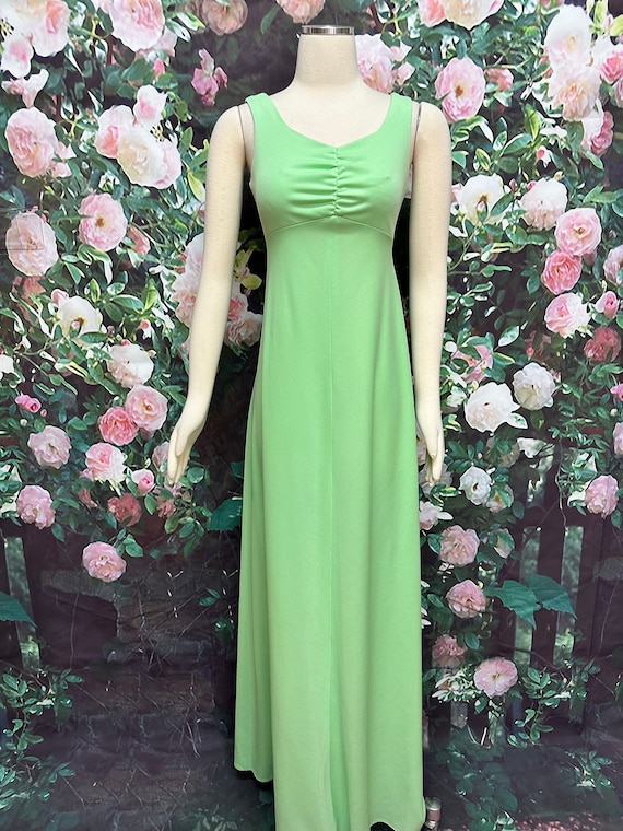 70s Lime Green Polyester Knit Maxi Dress by Francia Bridal Tall